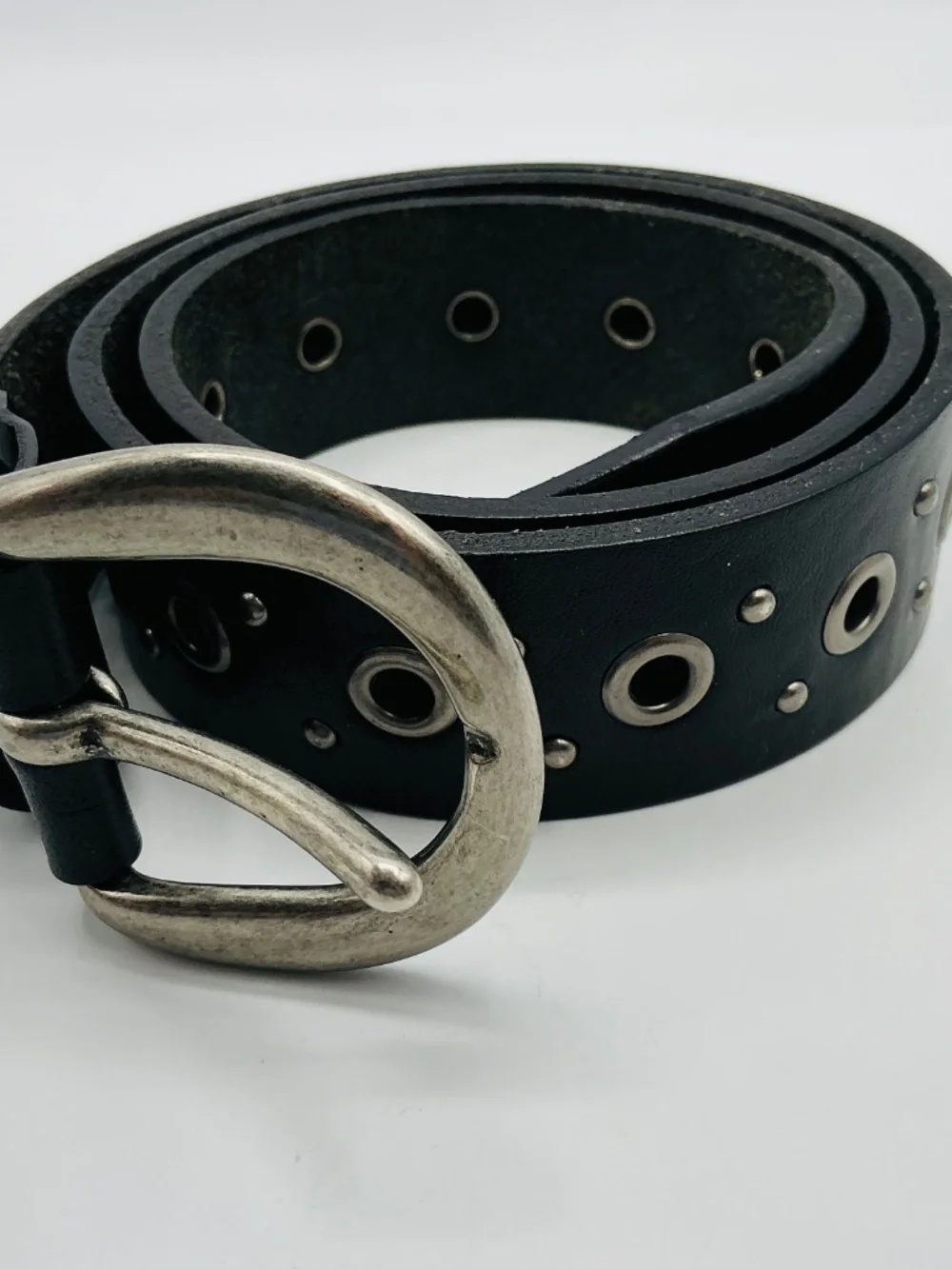 VTG Belt Black Leather Eyelet Grommet Studded Waist Gothic Grunge Solid Brass